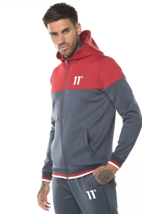 Sudadera 11º con capucha y cremallera " Ribbed " color gris-rojo