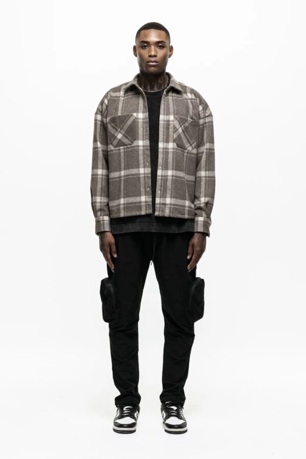 GOOD FOR NOTHING Sobrecamisa " Wool Blend Stone Check " color piedra