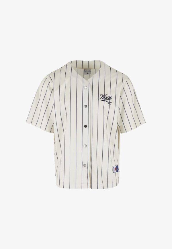 KARL KANICamiseta"Cursive Varsity Pinstripe Cropped Baseball Jersey"color blanco