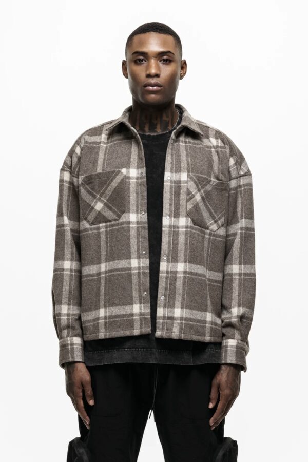 GOOD FOR NOTHING Sobrecamisa " Wool Blend Stone Check " color piedra