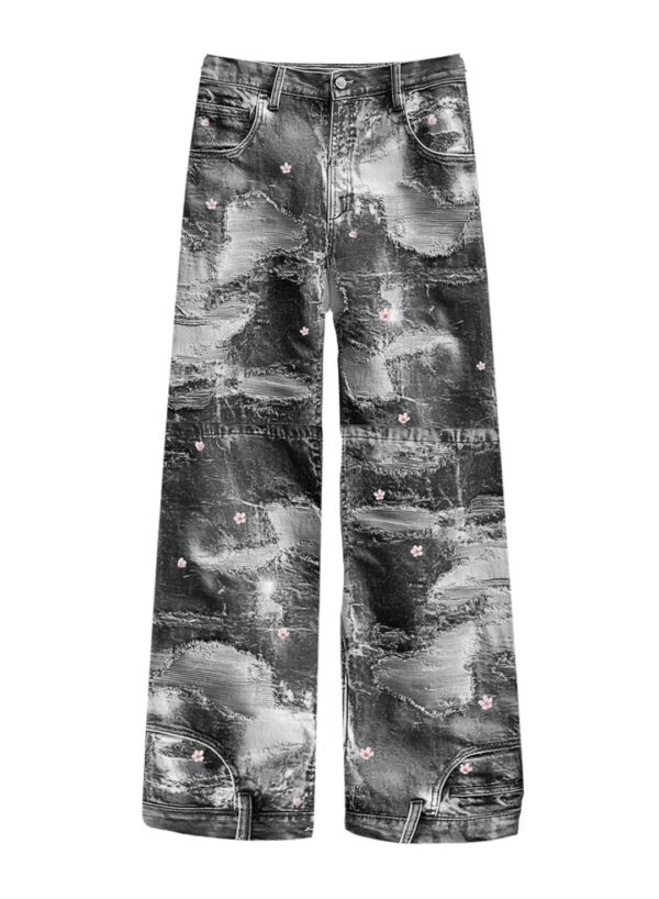 MOD WAVE MOVEMENTPantalon"Black Distressed Denim Pants Almond Blosso"color negro